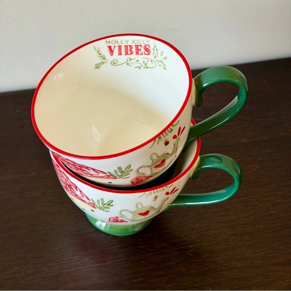 World Market Holly Jolly Vibes Christmas Mugs Woodland Santa Set of 2 NWOT